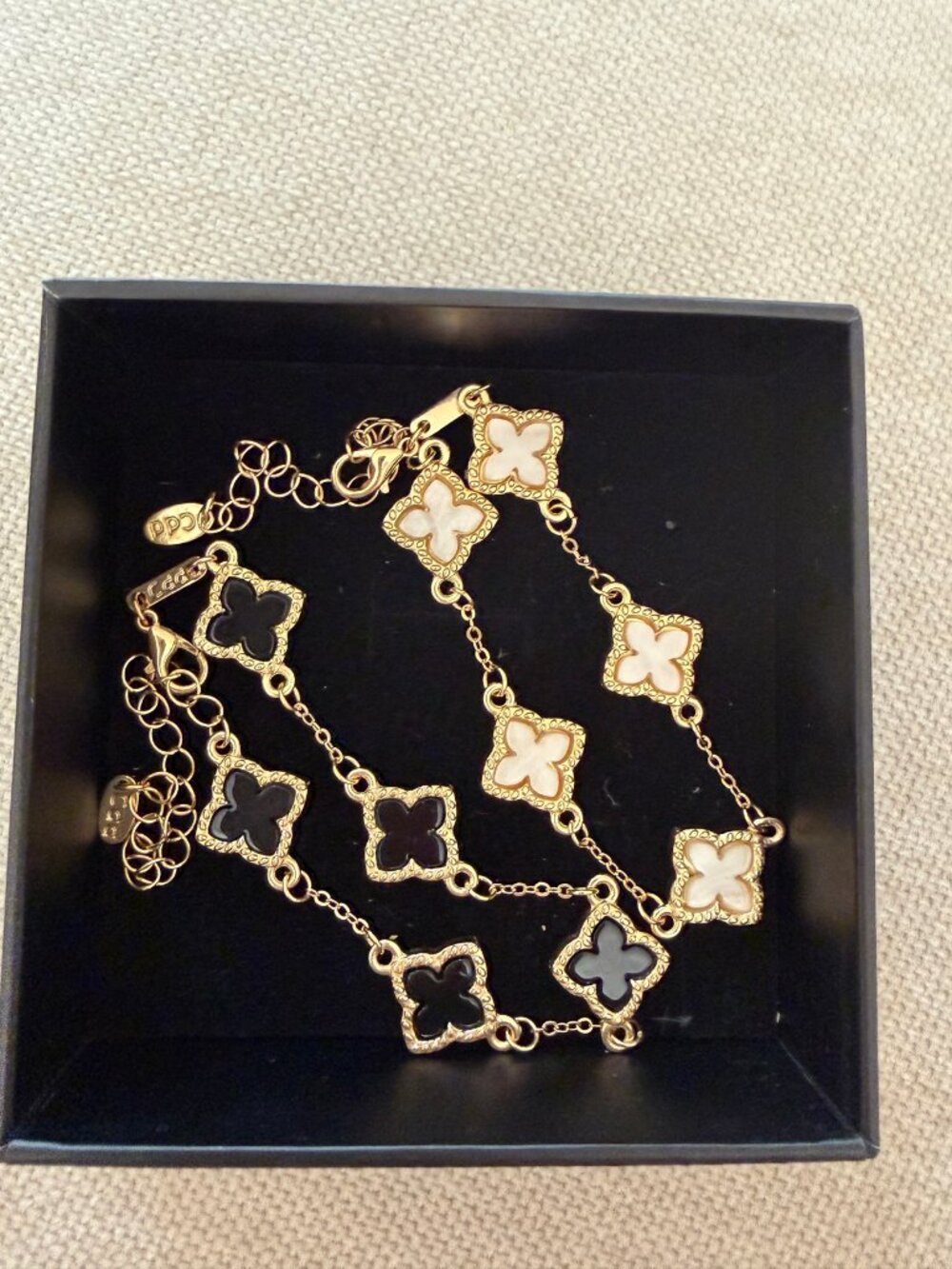 Gold Tone Clover Station Bracelets Set of 2 Black White Inlay